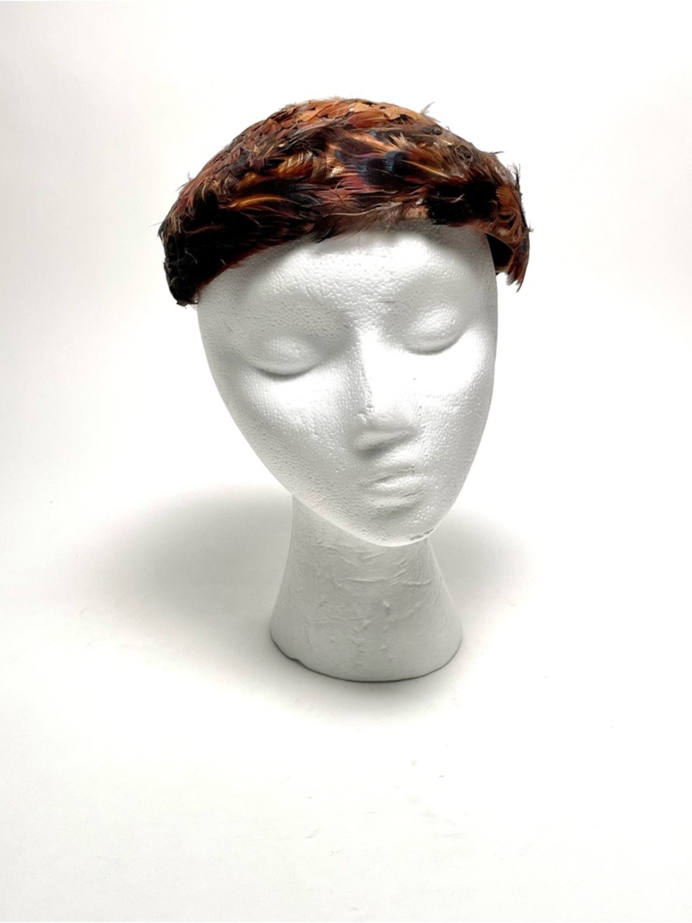 Vtg 50s Pheasant Feather Hat Brown Button Detail Autumn Whimsy Pillbox Hat MCM